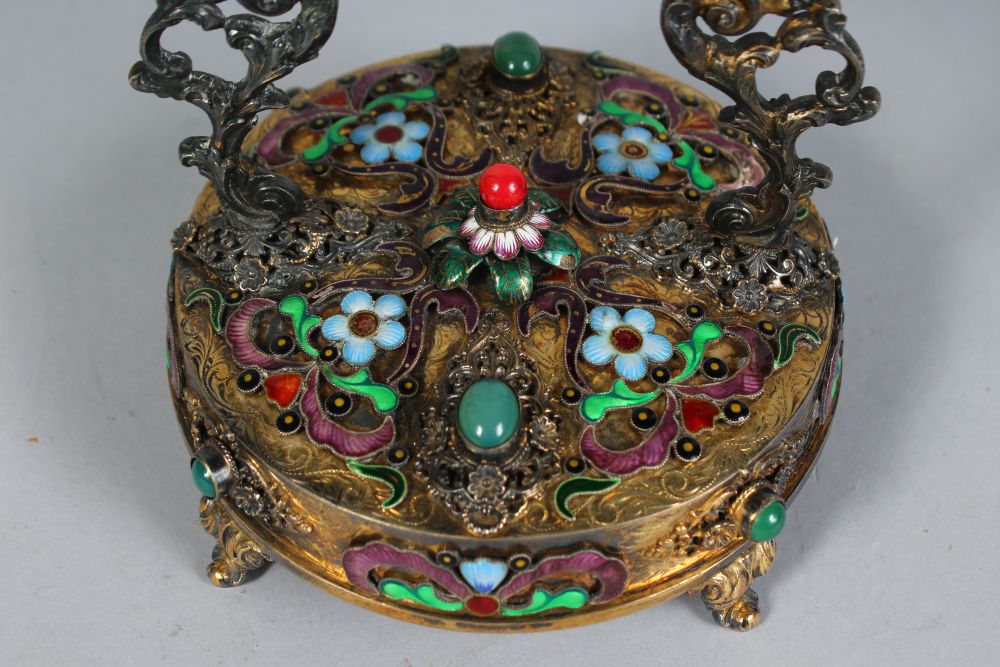 A SUPERB FRENCH SILVER GILT TABLE CLOCK, the case inset with cabouchon stones and enamel flowers, - Image 3 of 4