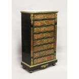 A 19TH CENTURY "BOULLE" SECRETAIRE CHEST, with grey veined marble top, above a single drawer, a drop