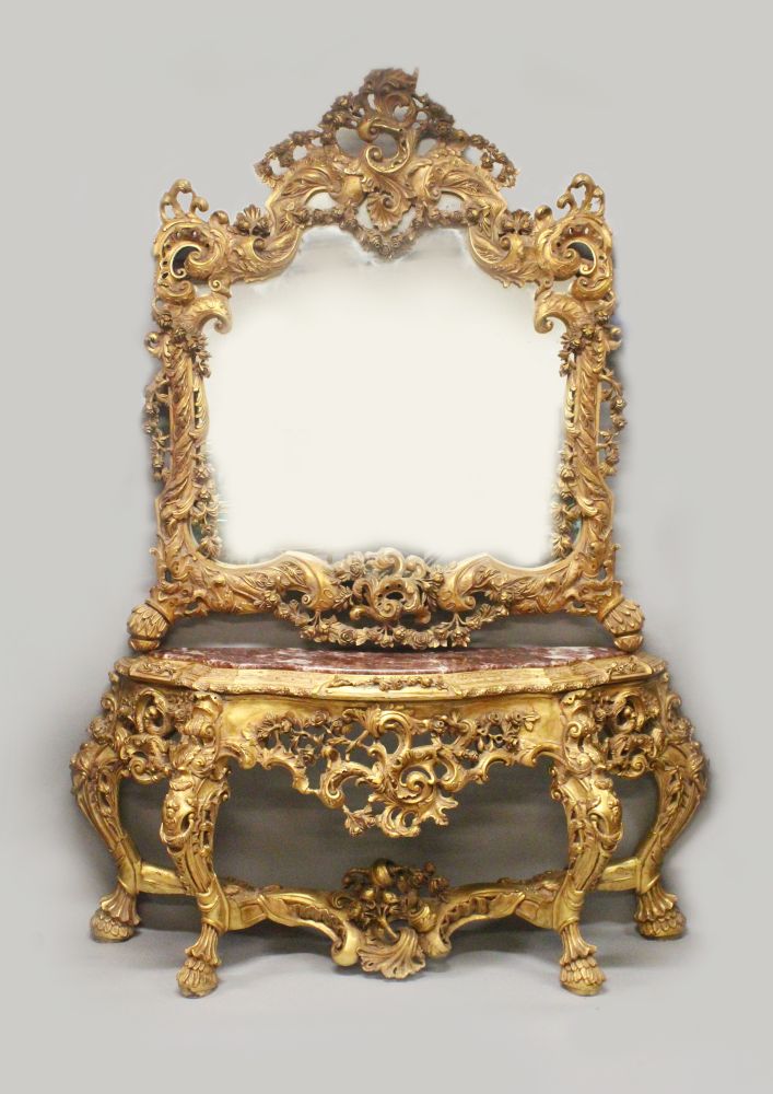 AN IMPRESSIVE ITALIAN ROCOCO STYLE GILTWOOD AND MARBLE CONSOLE TABLE AND MIRROR, 20TH CENTURY, the