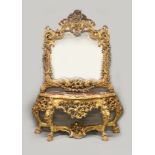 AN IMPRESSIVE ITALIAN ROCOCO STYLE GILTWOOD AND MARBLE CONSOLE TABLE AND MIRROR, 20TH CENTURY, the