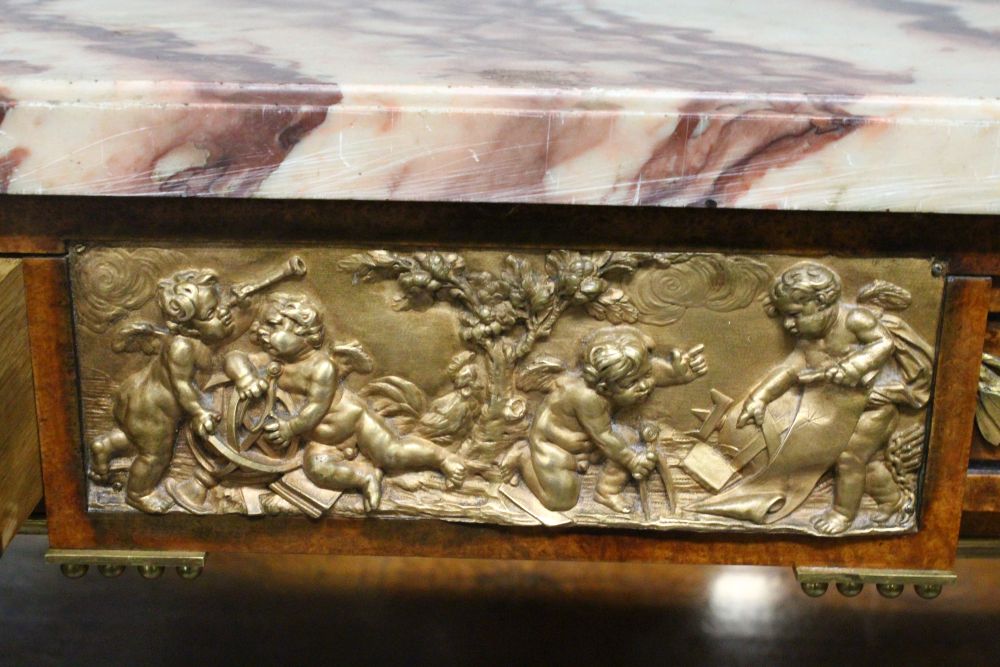 A GOOD 19TH CENTURY FRENCH AMBOYNA, ORMOLU AND EBONY INLAID SIDE CABINET, with a variegated rouge - Image 4 of 5