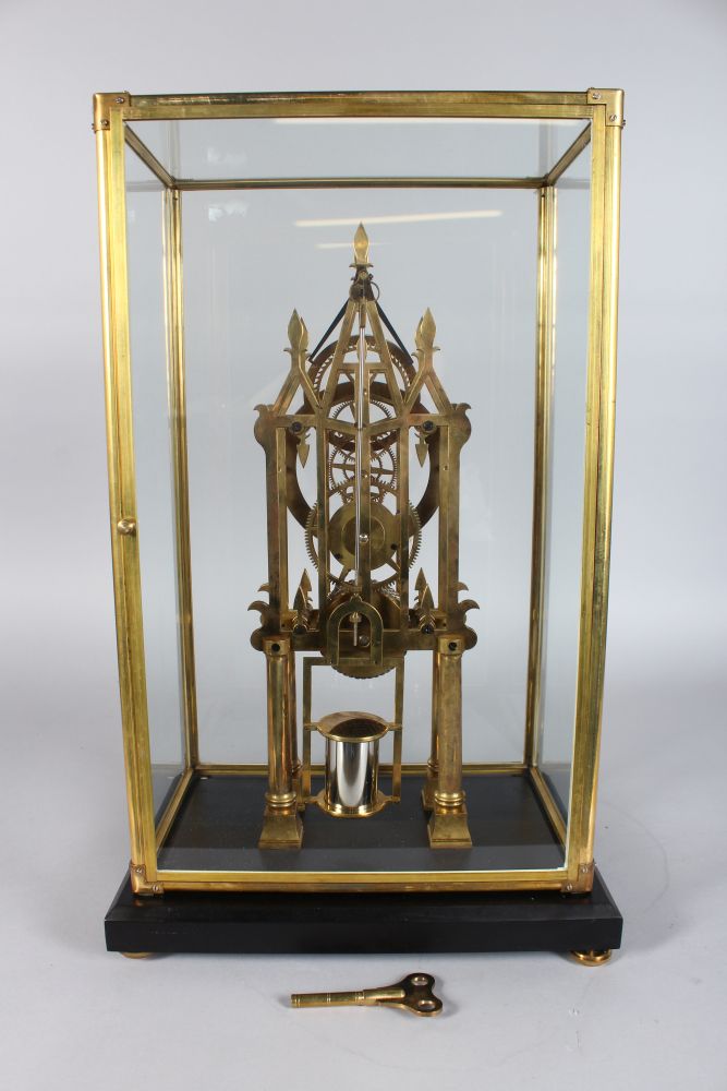 A GOOD CATHEDRAL STYLE SKELETON CLOCK, 20TH CENTURY, in a glass case, 1ft 9in high - Image 3 of 3