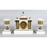 A GOOD 19TH CENTURY WHITE MARBLE CLOCK GARNITURE, the movement striking on a gong, with ornate brass