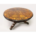 A SUPERB VICTORIAN CIRCULAR MARQUETRY TOP DINING TABLE, with segmented top, central marquetry