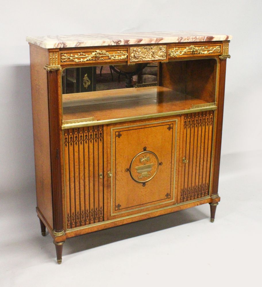 A GOOD 19TH CENTURY FRENCH AMBOYNA, ORMOLU AND EBONY INLAID SIDE CABINET, with a variegated rouge