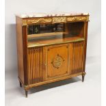 A GOOD 19TH CENTURY FRENCH AMBOYNA, ORMOLU AND EBONY INLAID SIDE CABINET, with a variegated rouge