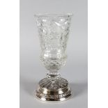 A FRENCH CUT GLASS THISTLE SHAPED VASE with star cut base with silver rim. 11ins high.