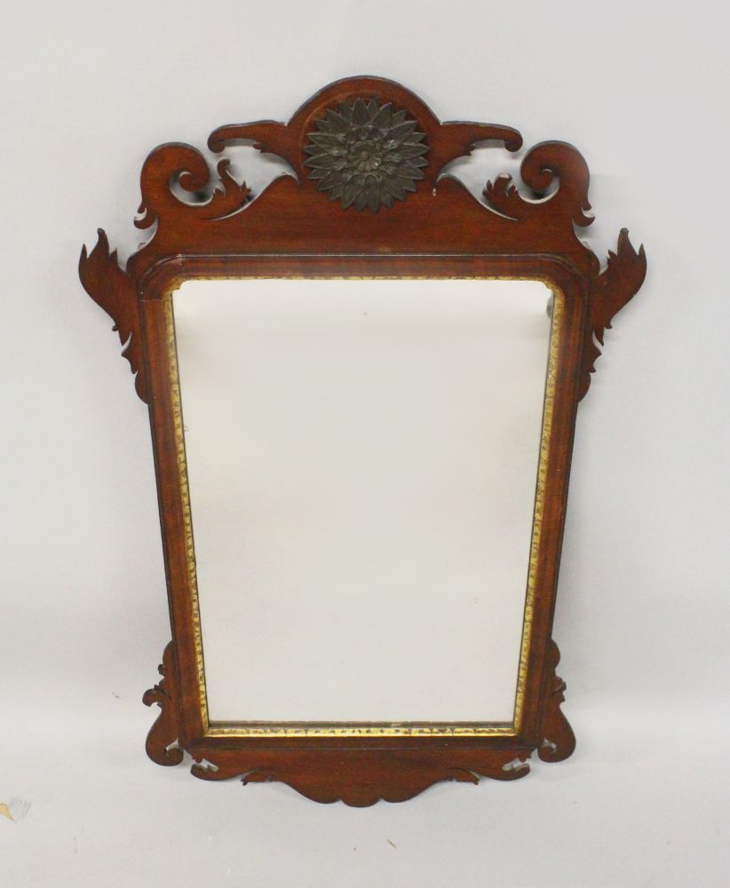 A GEORGE III MAHOGANY FRETWORK PIER MIRROR, with applied cast metal cresting 2ft 9in high x 1ft