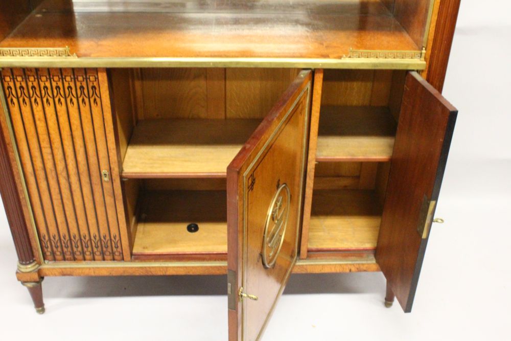 A GOOD 19TH CENTURY FRENCH AMBOYNA, ORMOLU AND EBONY INLAID SIDE CABINET, with a variegated rouge - Image 5 of 5