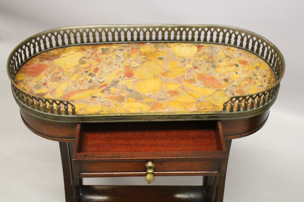 A PAIR OF 20TH CENTURY MAHOGANY SIDE TABLES, with brass galleried oval marble tops, each with a - Image 2 of 3