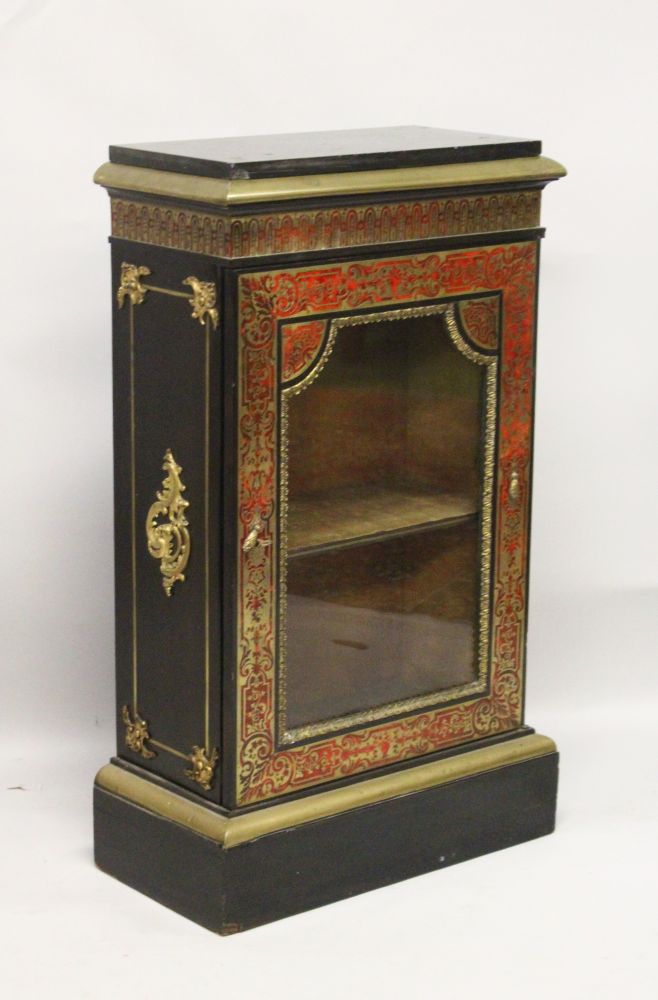 A 19TH CENTURY "BOULLE" PIER CABINET, with black marble top, tortoiseshell inlaid frieze and