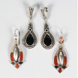 A PAIR OF SCOTTISH SILVER AND HARD STONE DROP EARRINGS, and a pair of silver and marcasite drop