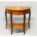 AN ART DECO STYLE BURR WOOD DEMI-LUNE CONSOLE TABLE, with a single drawer on curving legs united