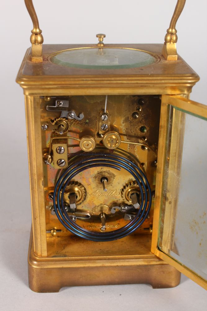 A GOOD FRENCH BRASS CARRIAGE CLOCK, striking on a gong, with enamel dial, signed Robert Pleissner, - Image 4 of 4