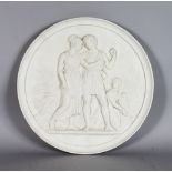 A ROYAL COPENHAGEN WHITE PORCELAIN CIRCULAR PLAQUE, classical scene depicting Harvest, marked in