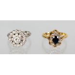 A GOOD DIAMOND SET CLUSTER RING AND A SAPPHIRE AND DIAMOND SET RING