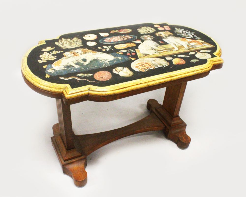 A RARE EARLY 19TH CENTURY ITALIAN SCAGLIOLA MARBLE TOP, the top inlaid with dogs, fruit,