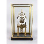 A GOOD CATHEDRAL STYLE SKELETON CLOCK, 20TH CENTURY, in a glass case, 1ft 9in high