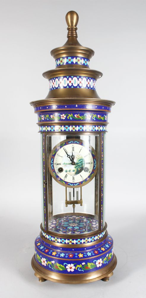 AN UNUSUAL CLOISONNE ENAMEL CLOCK, 20TH CENTURY, of pagoda form, with a painted dial, 2ft 8in high