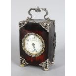 A GOOD CONTINENTAL TORTOISESHELL AND SILVER REPEATER CARRIAGE CLOCK, striking on a gong, with enamel