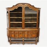 A GOOD LARGE 18TH CENTURY DUTCH MARQUETRY VITRINE, the top with shaped cornice enclosing a pair of