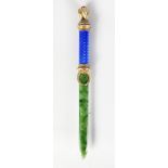 A GOOD RUSSIAN FABERGE STYLE NEPHRITE AND ENAMEL LETTER OPENER 10in long
