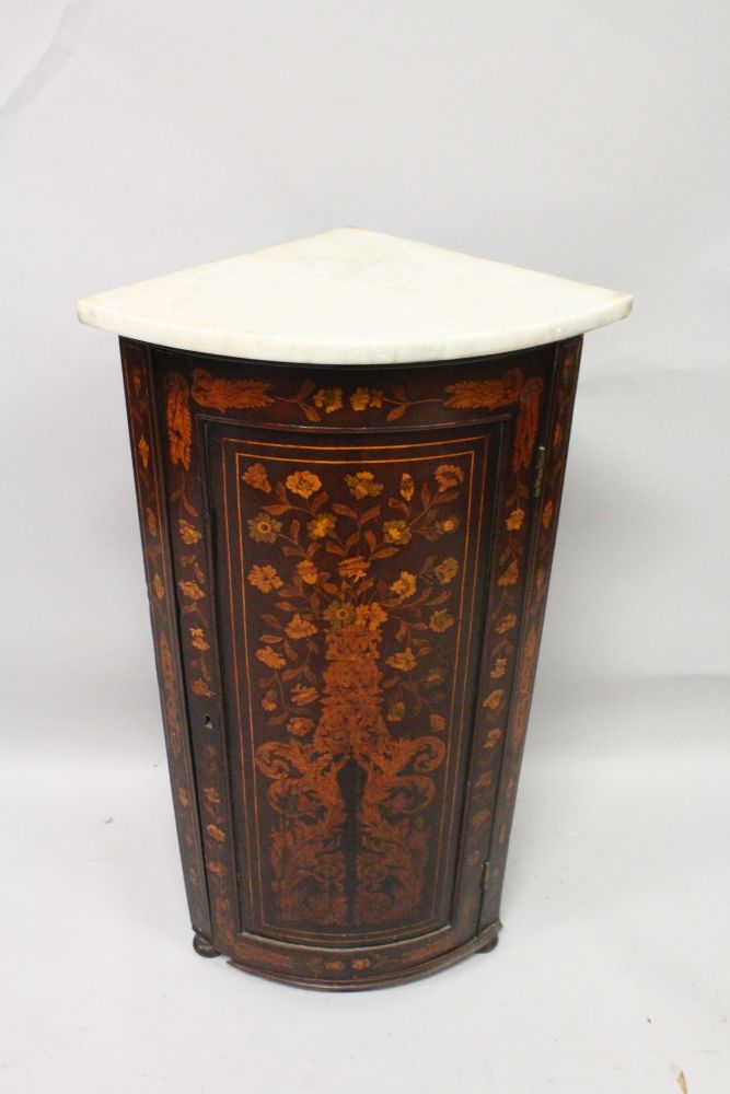 A 19TH CENTURY DUTCH MAHOGANY AND MARQUETRY BOWFRONT STANDING CORNER CUPBOARD, with grey marble - Image 2 of 4