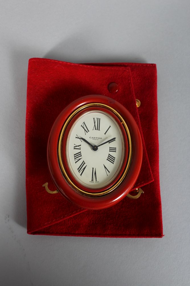 A CARTIER OF PARIS OVAL EASEL CLOCK, 3.5in x 2.25in. in a red Cartier bag No: 7507/15122 - Image 2 of 3