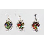 A silver and millefiori pendant and earrings.