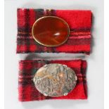 TWO SCOTTISH OVAL BROOCHES, set with agate and marble
