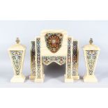 A SUPERB ART DECO CHAMPLEVE ENAMEL AND MARBLE THREE PIECE CLOCK SET CIRCA 1920, the case of
