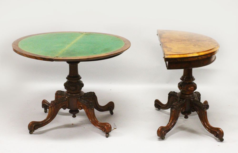 A GOOD PAIR OF VICTORIAN FIGURED WALNUT DEMI-LUNE CARD TABLES, with folding tops, green baize