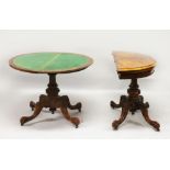 A GOOD PAIR OF VICTORIAN FIGURED WALNUT DEMI-LUNE CARD TABLES, with folding tops, green baize