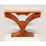 AN ART DECO STYLE BURR WOOD CONSOLE TABLE, with a rectangular top, a small drawer on curving support