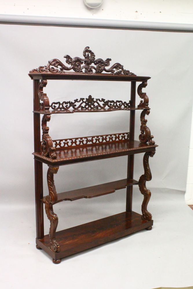 A SUPERB PAIR OF LATE REGENCY MAHOGANY STANDING OPEN BOOKCASES, with open backs three tiers with - Image 2 of 3