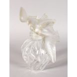 A LARGE LALIQUE STYLE SCENT BOTTLE, the stopper as two frosted glass love birds 12in high