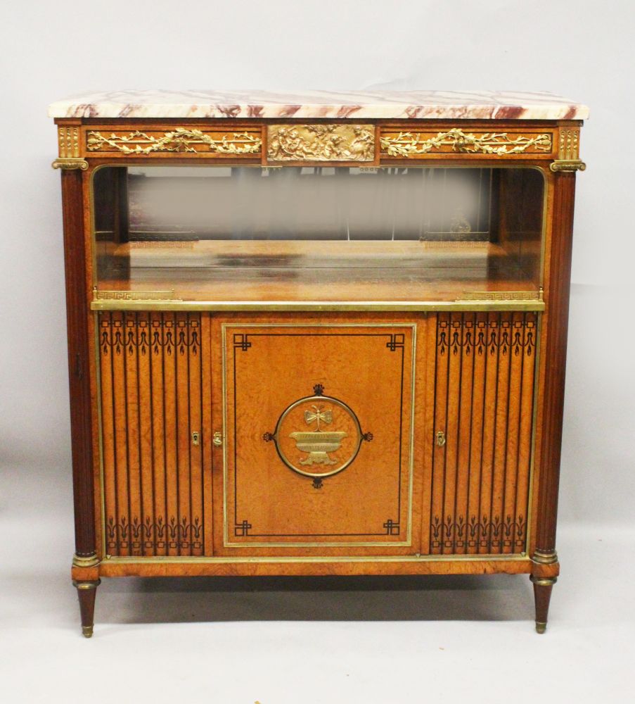 A GOOD 19TH CENTURY FRENCH AMBOYNA, ORMOLU AND EBONY INLAID SIDE CABINET, with a variegated rouge - Image 2 of 5