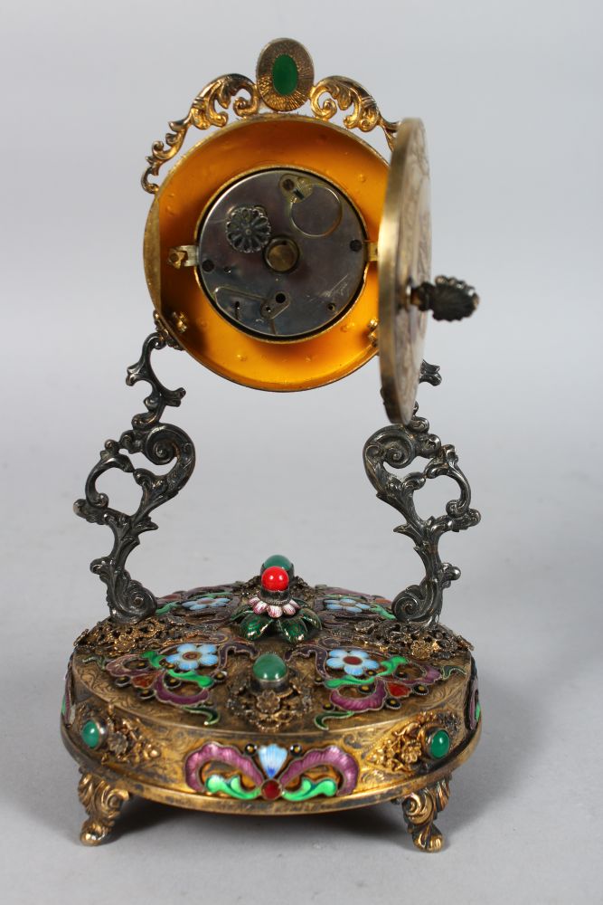 A SUPERB FRENCH SILVER GILT TABLE CLOCK, the case inset with cabouchon stones and enamel flowers, - Image 4 of 4