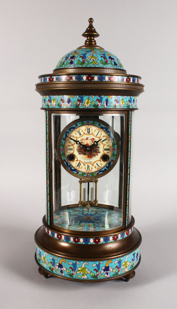 AN UNUSUAL, LARGE CHAMPLEVE ENAMEL FOUR GLASS CLOCK, of pagoda form, with decoratively painted dial,