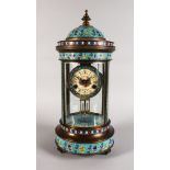 AN UNUSUAL, LARGE CHAMPLEVE ENAMEL FOUR GLASS CLOCK, of pagoda form, with decoratively painted dial,