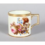 A GOOD MEISSEN COFFEE CAN, white ground and edged in gilt and painted with flowers, crossed swords