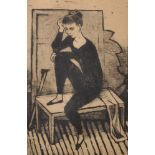 20th Century German School. A Seated Lady Dressed in Black, Etching, Indistinctly Signed and