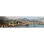 19th Century Swiss School. Panorama of Lakeside Town, Coloured Aquatint, 9.25" x 36".