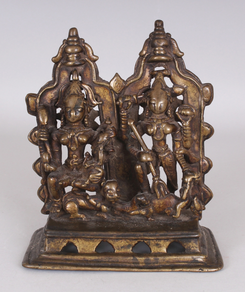 An Unusual Bronze Group Depicting Ambika and Durga, Western India, 14th/15th Century, on arcaded