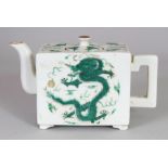 A LATE 19TH CENTURY CHINESE GREEN ENAMELLED RECTANGULAR DRAGON TEAPOT & COVER, the base with a