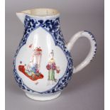 AN 18TH CENTURY CHINESE FAMILLE ROSE & UNDERGLAZE-BLUE SPARROW BEAK PORCELAIN JUG, painted with