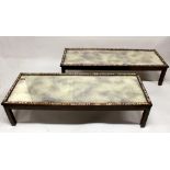 A PAIR OF EARLY 20TH CENTURY MOTHER-OF-PEARL INLAID LOW RECTANGULAR TABLES, each top surface inset