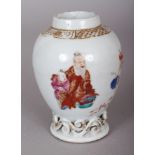 AN 18TH CENTURY CHINESE FAMILLE ROSE PORCELAIN TEA CADDY, with a scroll moulded foot, 4in high.