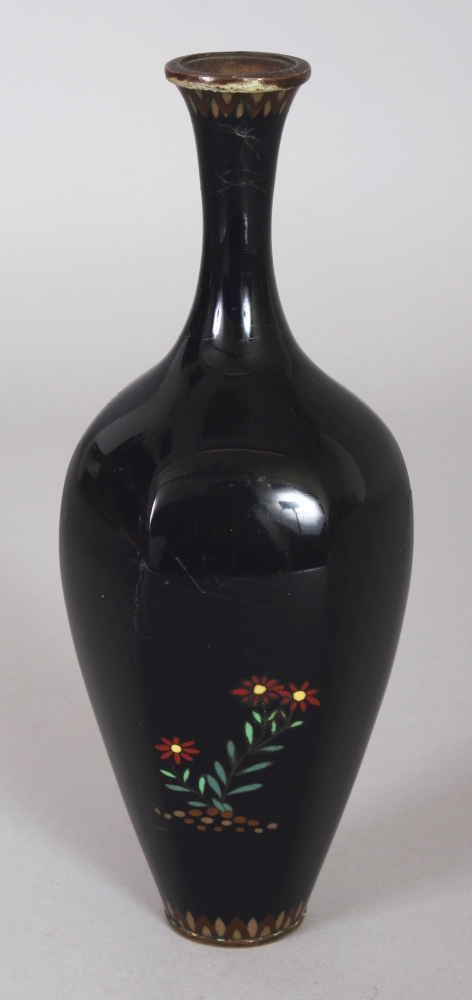 A SMALL GOOD QUALITY SIGNED JAPANESE MEIJI PERIOD HEXAGONAL SECTION BLACK GROUND CLOISONNE VASE, the - Image 3 of 8