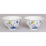 A PAIR OF CHINESE MING STYLE DOUCAI PORCELAIN WINE CUPS, decorated with butterflies, ferns and